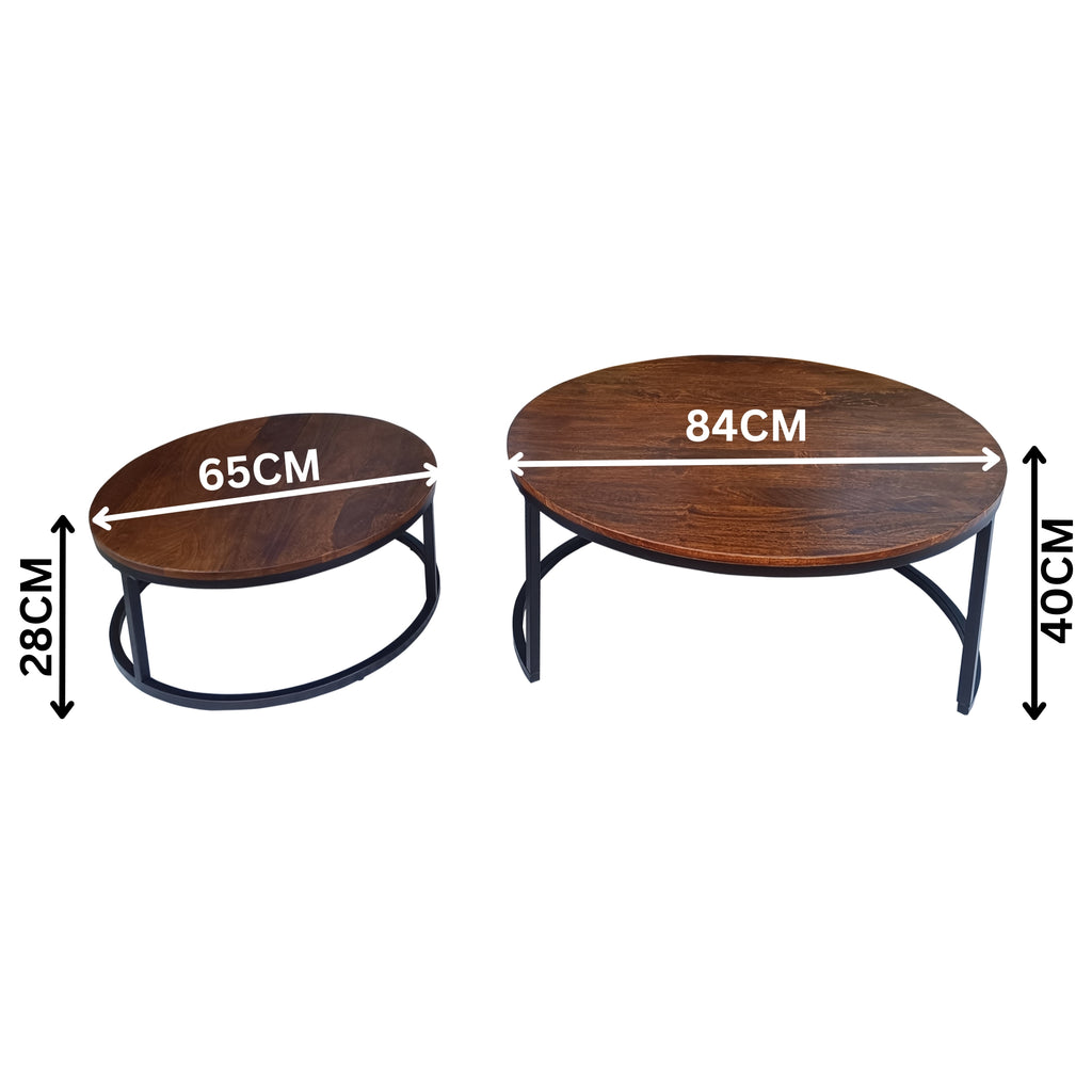 Gemini 2pc Set Round Nesting Coffee Table Mango Wood Top Walnut 