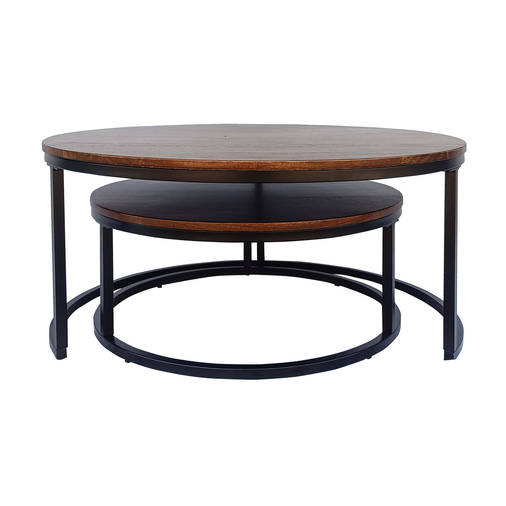 Gemini 2pc Set Round Nesting Coffee Table Mango Wood Top Walnut 