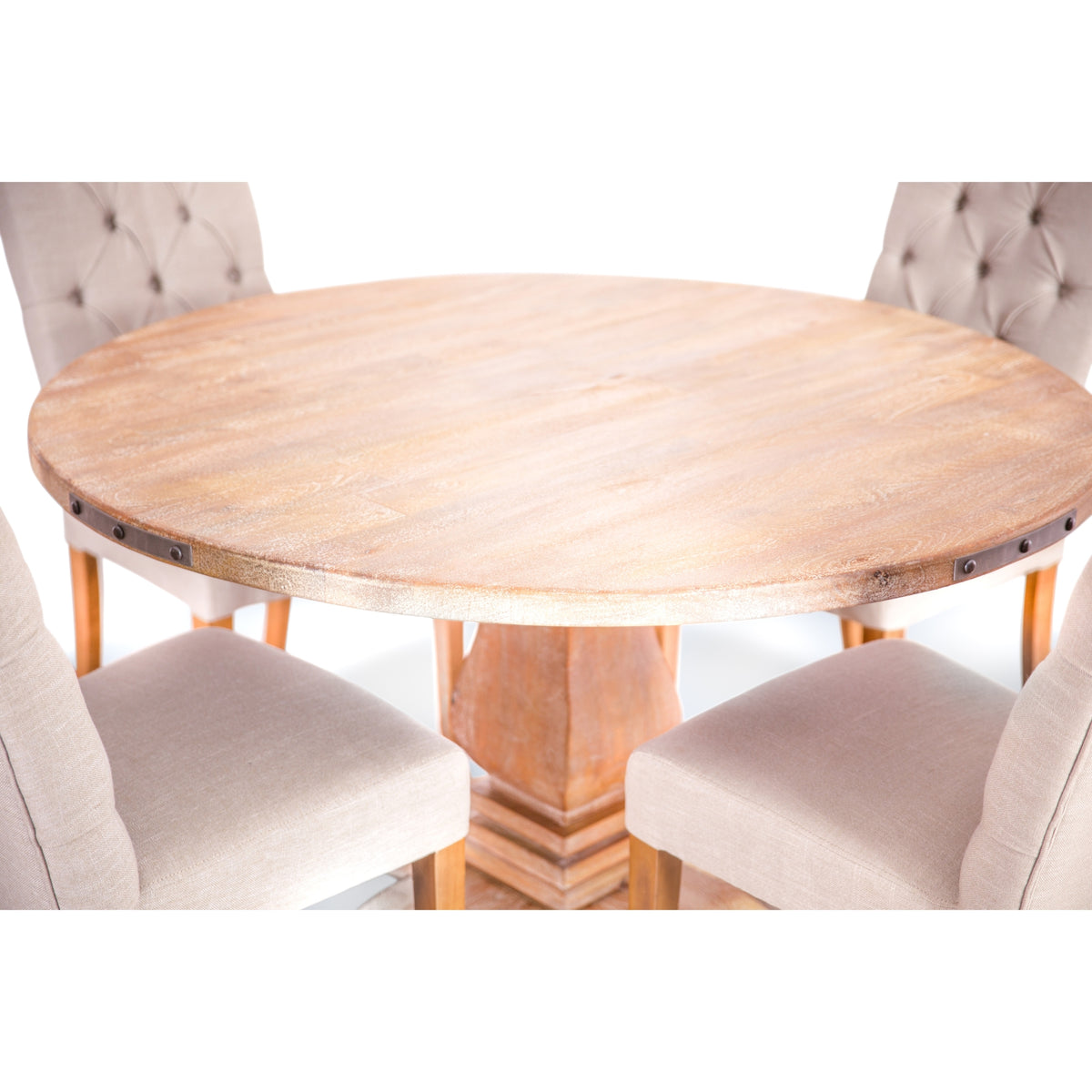 Gloriosa 5pc Dining Set 135cm Round Table 4 Beige Chair Mango Wood - Honey Wash