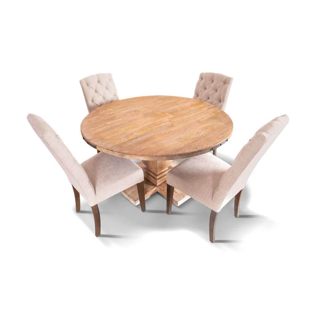 Gloriosa 5pc Dining Set 135cm Round Table 4 Beige Chair Mango Wood - Honey Wash