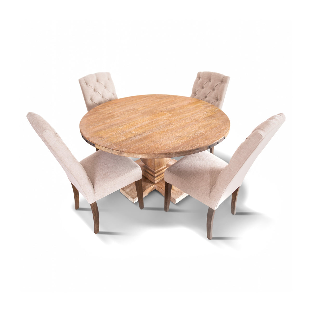 Gloriosa 5pc Dining Set 135cm Round Table 4 Beige Chair Mango Wood - Honey Wash
