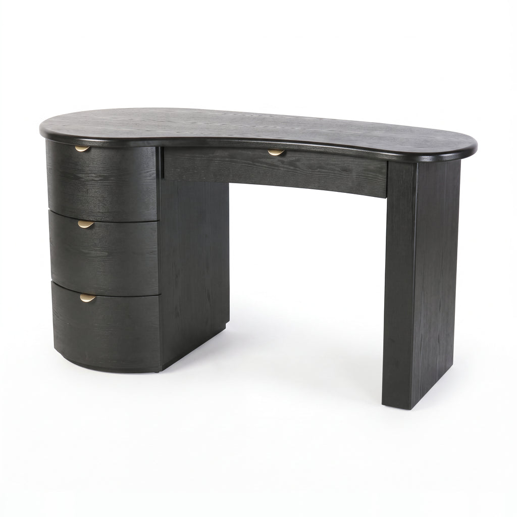 Golborne 150cm Home Office Desk Black, three-quarter view on a white background showing the curved top, a three-drawer pedestal on the left and gold-coloured half-moon pulls