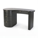 Golborne 150cm Home Office Desk Black, three-quarter view on a white background showing the curved top, a three-drawer pedestal on the left and gold-coloured half-moon pulls