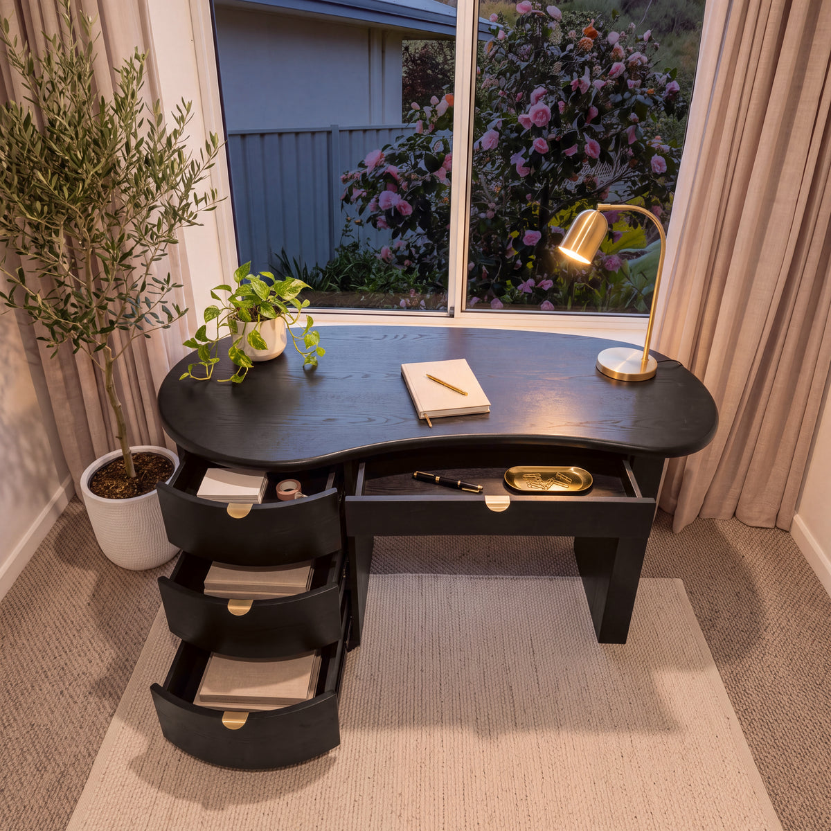 Golborne 150cm Home Office Desk Black seen from above with all four drawers open