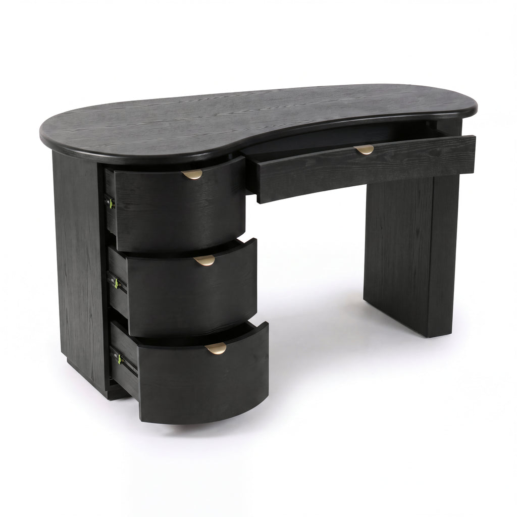 Golborne 150cm Home Office Desk Black with all four drawers open on metal runners, on a white background