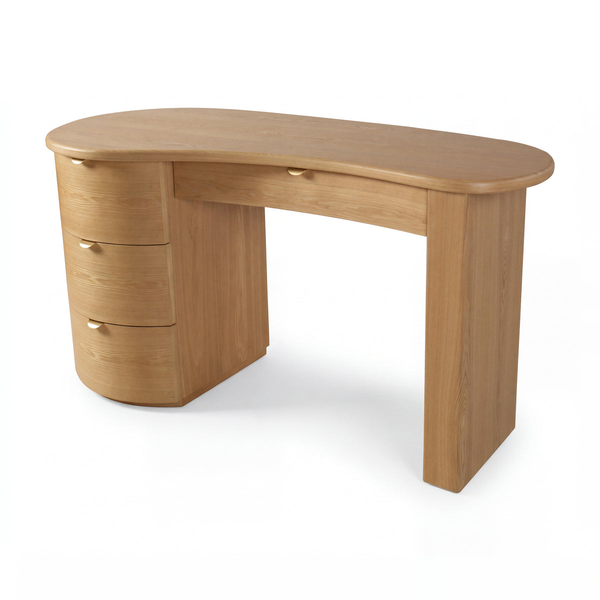 Golborne 150cm Home Office Desk Natural, three-quarter view on a white background showing the curved top, a three-drawer pedestal on the left and gold-coloured half-moon pulls