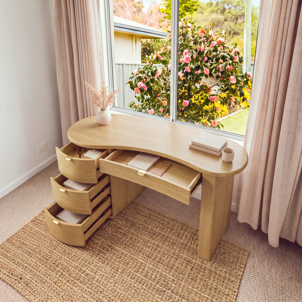 Golborne 150cm Home Office Desk Natural seen from above with all four drawers open
