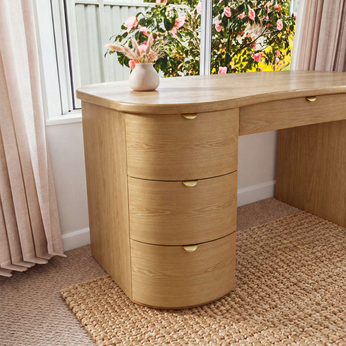 Golborne 150cm Home Office Desk Natural, close-up of the three curved drawer fronts with gold-coloured half-moon pulls