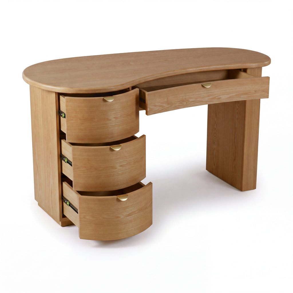 Golborne 150cm Home Office Desk Natural with all four drawers open on metal runners, on a white background