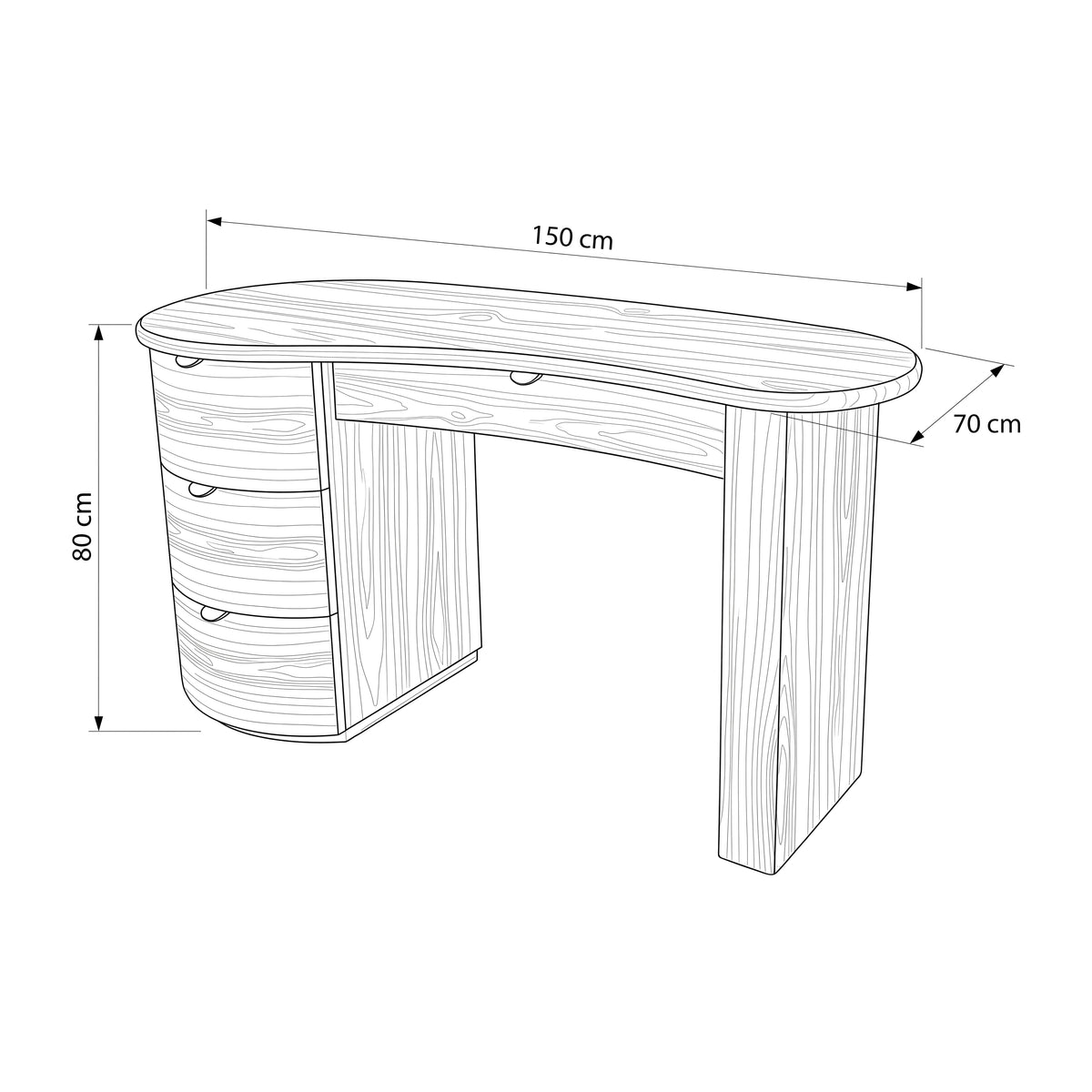 Golborne 150cm Home Office Desk Natural, dimension drawing: 150 cm wide, 70 cm deep, 80 cm high