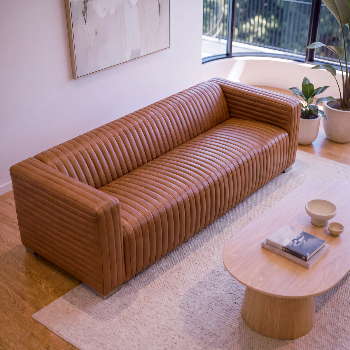 Grandior 3 Seater Sofa Tan, styled in a living room, overhead view