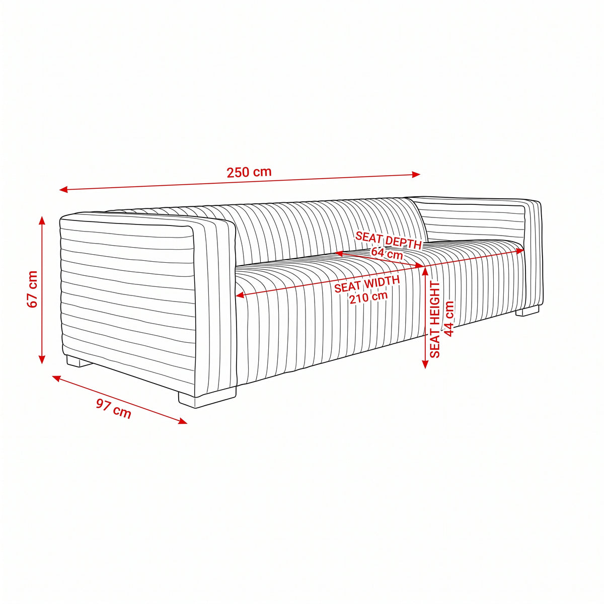 Grandior 3 Seater Sofa Tan — dimensions diagram