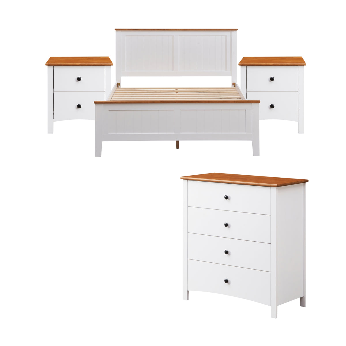 Harbourview 4pc Set Queen Bedroom Suite Bed Frame Bedside Table Tallboy Brown White