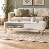 Hawea 120cm Coffee Table with Storage White, in front of a sofa in a living room