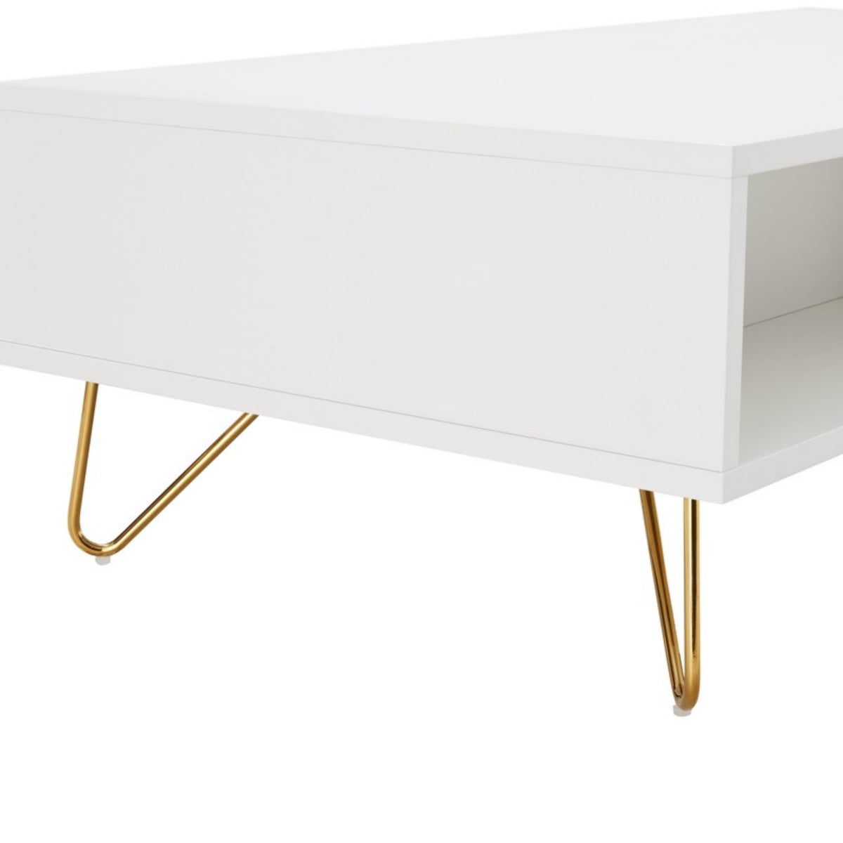 Hawea 120cm Coffee Table with Storage White, close-up of the open niche and hairpin legs