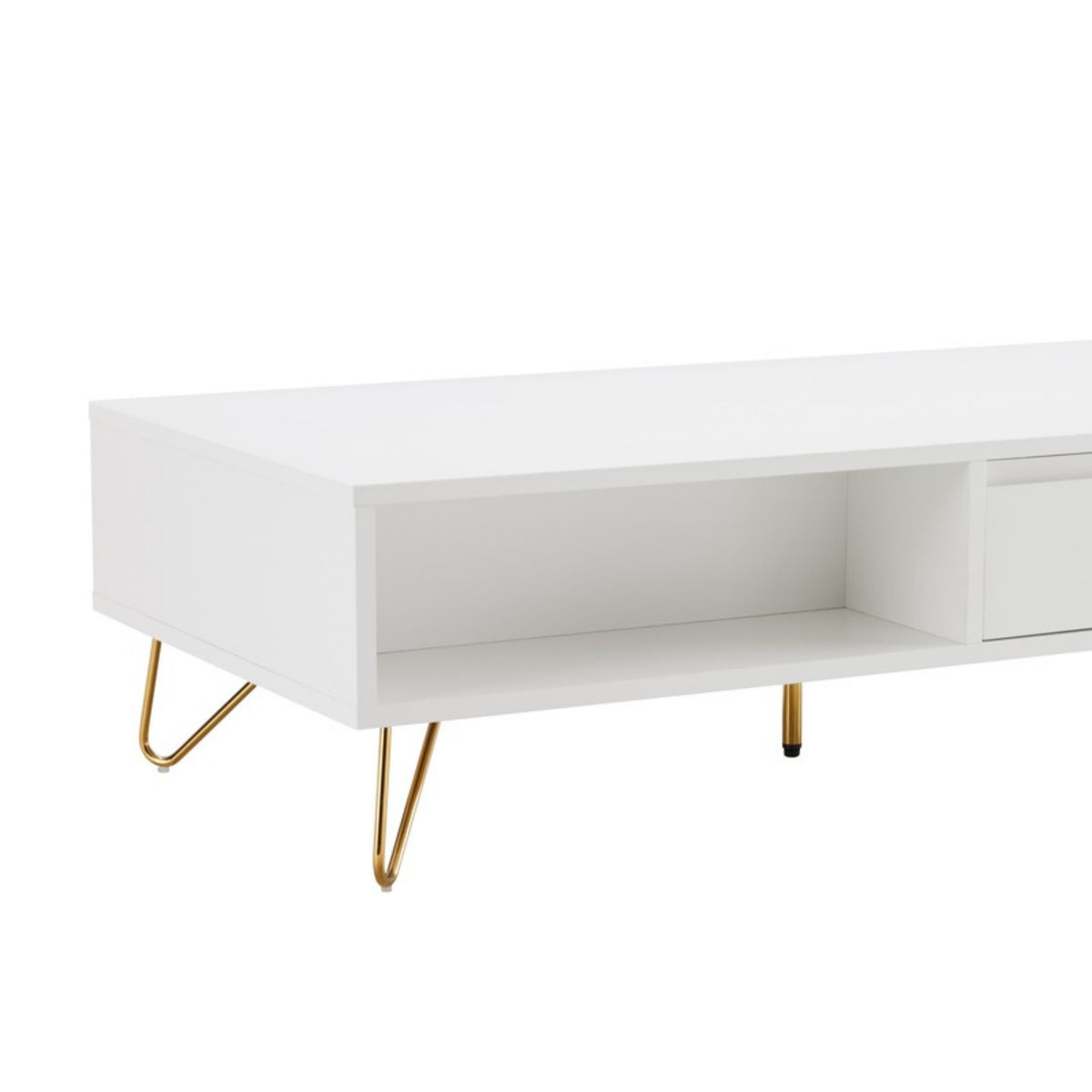 Hawea 120cm Coffee Table with Storage White, angled view from the open-niche end