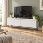 Hawea 150cm ETU Entertainment TV Unit White, in a living room with a TV on top