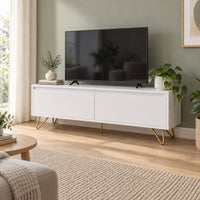 Hawea 150cm ETU Entertainment TV Unit White, in a living room with a TV on top
