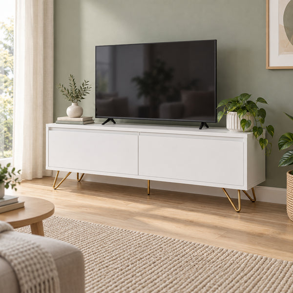 Hawea 150cm ETU Entertainment TV Unit White, in a living room with a TV on top