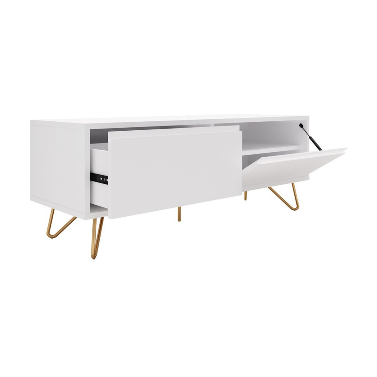 Hawea 150cm ETU Entertainment TV Unit White, angled view with the drawer and flap door open