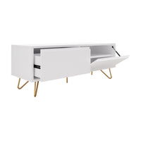 Hawea 150cm ETU Entertainment TV Unit White, angled view with the drawer and flap door open