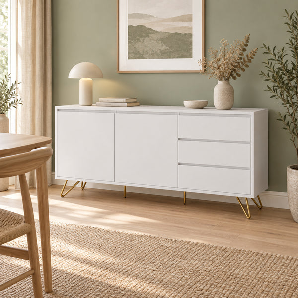 Hawea 150cm Sideboard Buffet Table White, in a dining area against a sage-green wall