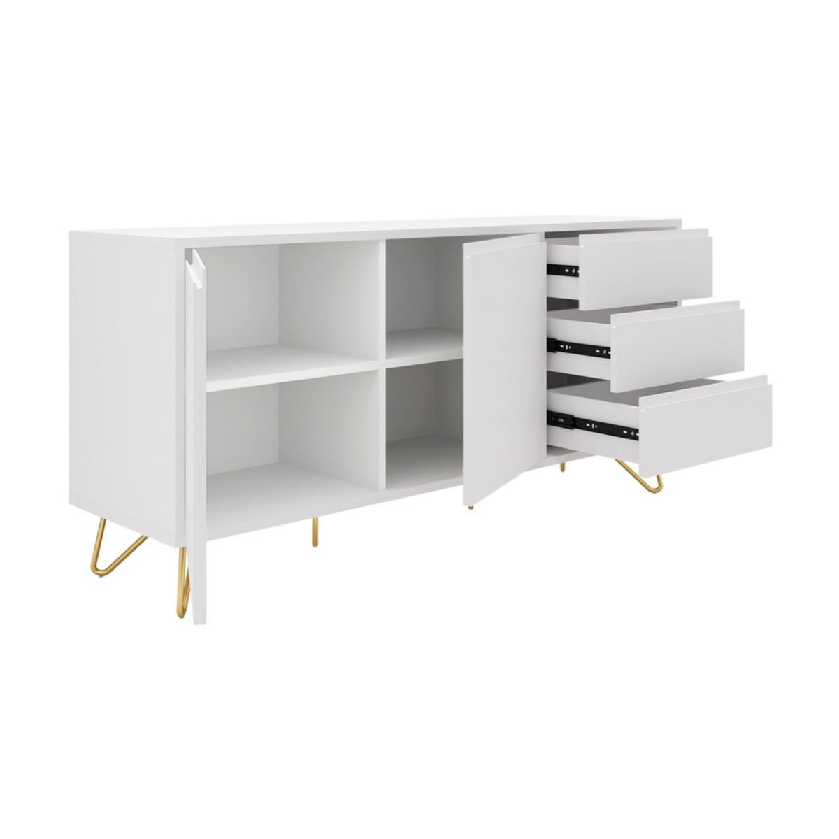 Hawea 150cm Sideboard Buffet Table White, angled view with a door and the drawers open