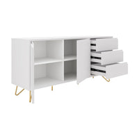 Hawea 150cm Sideboard Buffet Table White, angled view with a door and the drawers open
