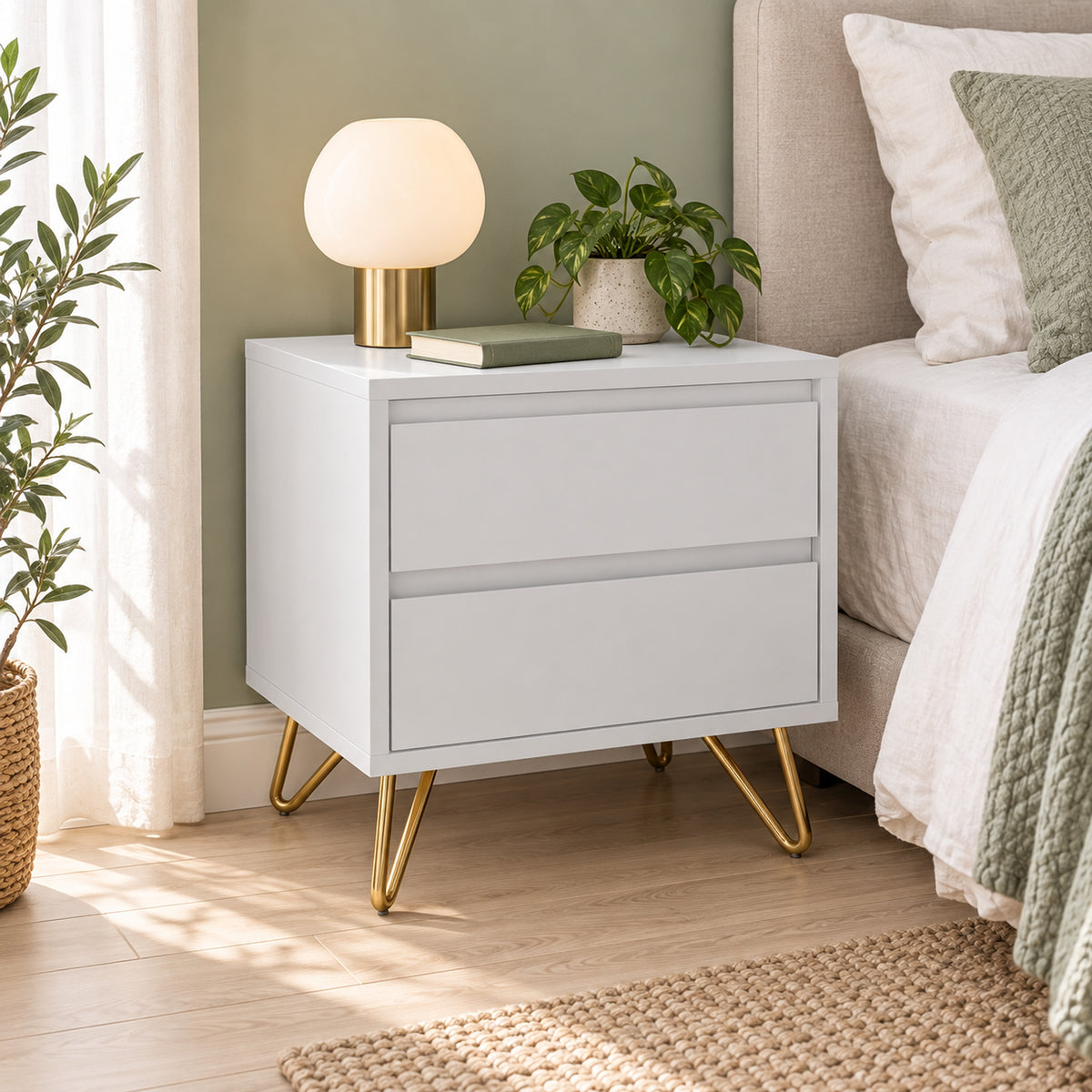 Hawea 2 Drawer Bedside Table White, beside a bed with a lamp and a plant on top