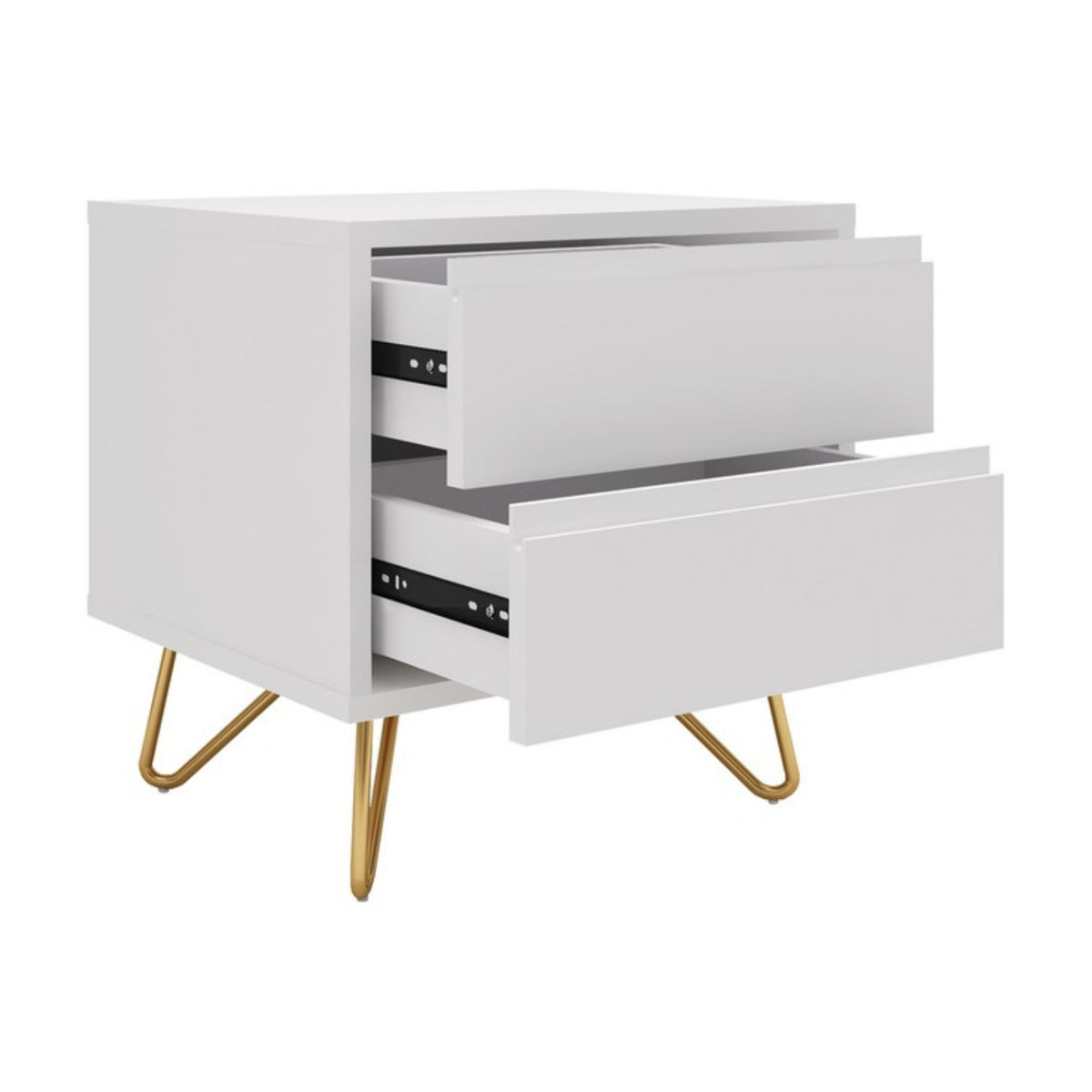 Hawea 2 Drawer Bedside Table White, angled view with both drawers open