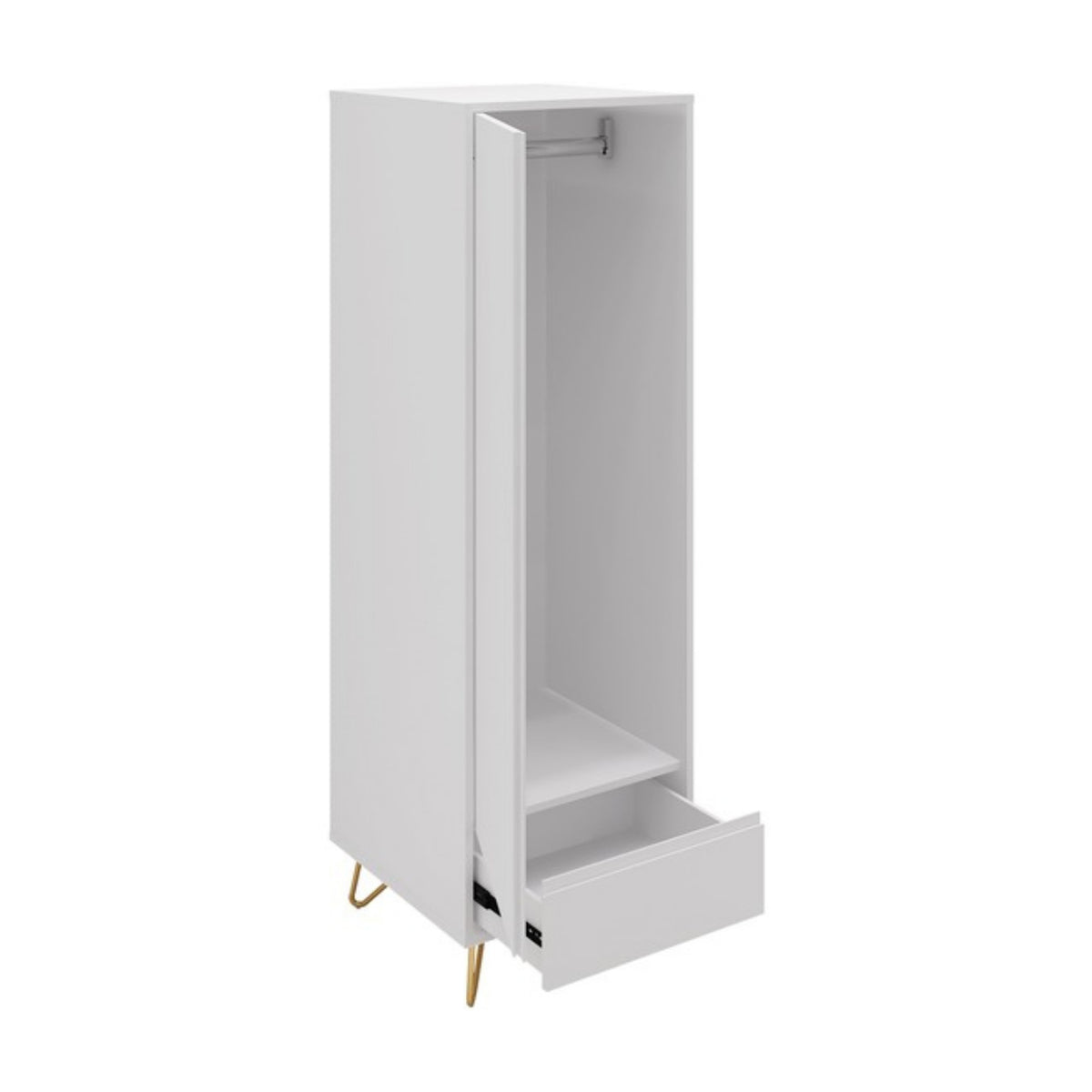 Hawea 60cm 1 Door Wardrobe White, angled view with the door and drawer open