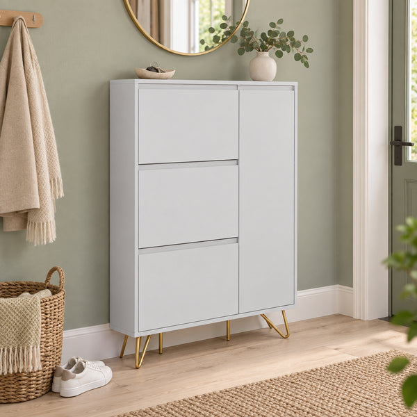 Hawea 90cm Shoe Cabinet White, in an entry hallway beneath a round mirror