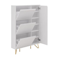 Hawea 90cm Shoe Cabinet White, front view with the shoe compartments tilted open