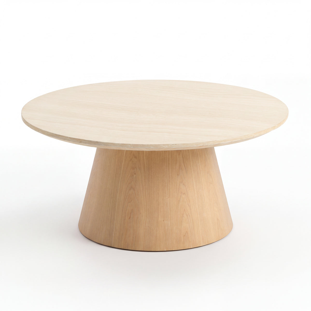 Hera 100cm Round Coffee Table Natural, angled view on a white background