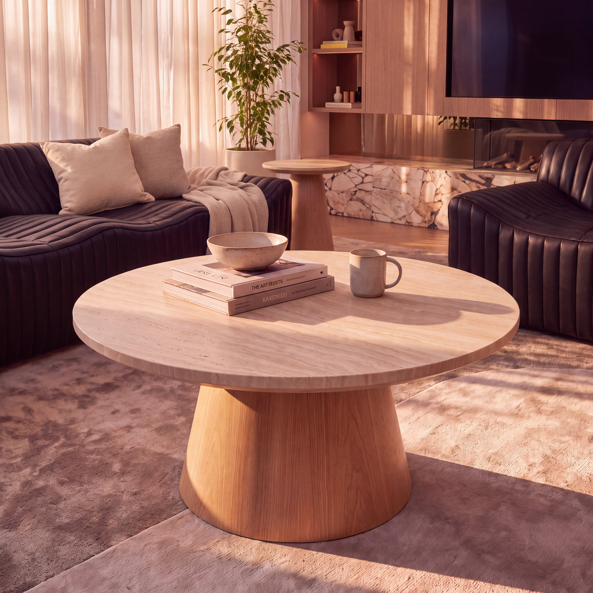 Hera 100cm Round Coffee Table Natural, close view styled with books and a vase