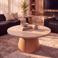 Hera 100cm Round Coffee Table Natural, close view styled with books and a vase