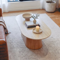Hera 130cm Coffee Table Natural, overhead view styled with books and a candle