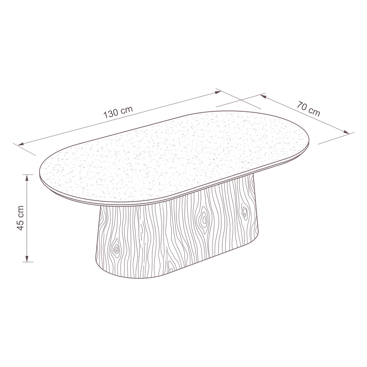 Hera 130cm Coffee Table Natural — dimensions diagram, W130 x D70 x H45 cm