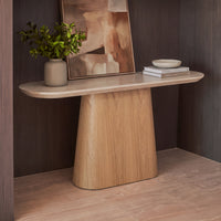 Hera 150cm Console Table Natural, in a hallway niche styled with artwork