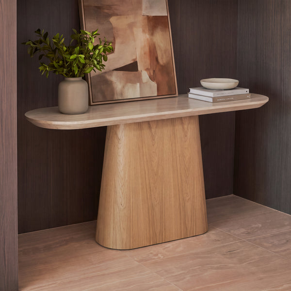 Hera 150cm Console Table Natural, in a hallway niche styled with artwork