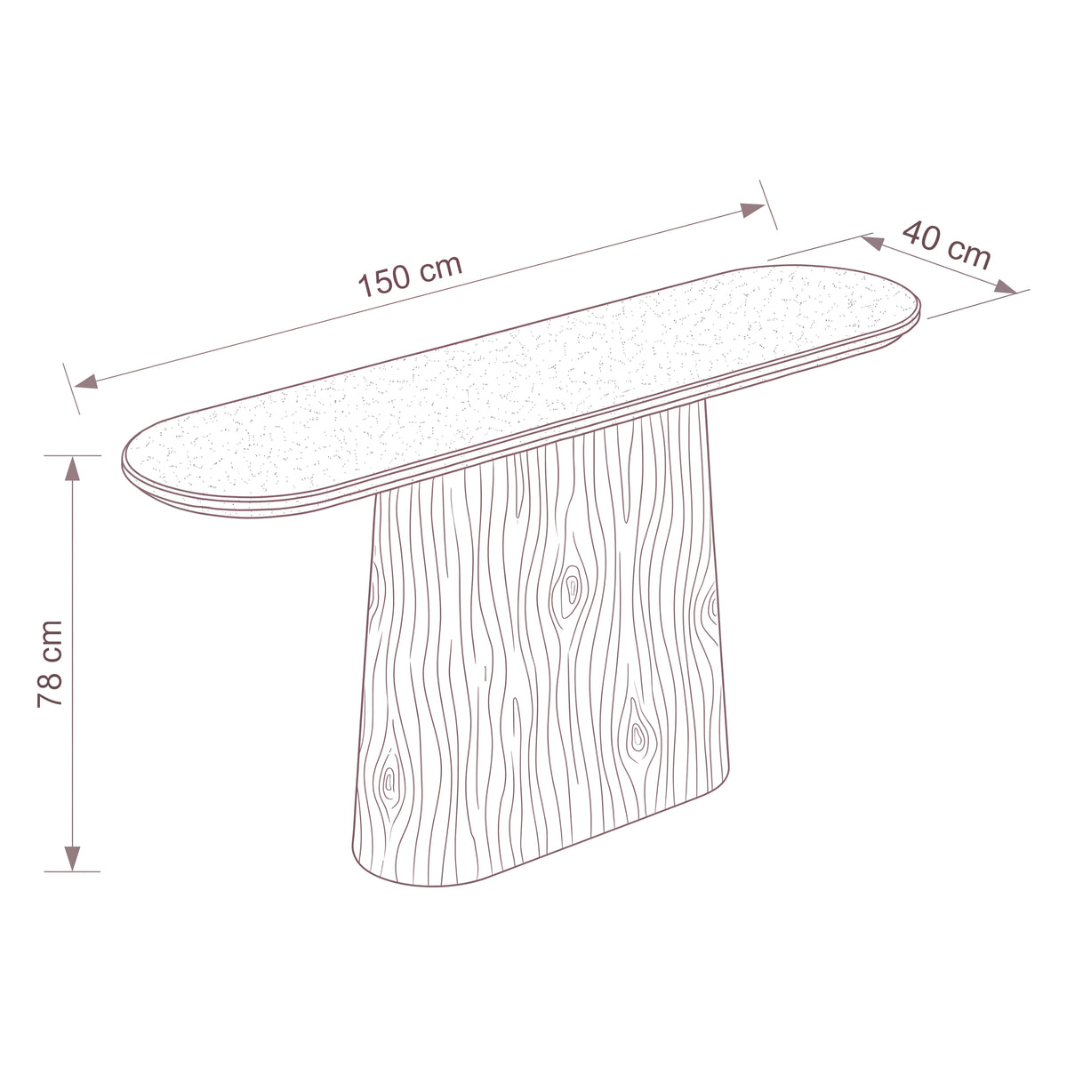 Hera 150cm Console Table Natural — dimensions diagram, W150 x D40 x H78 cm