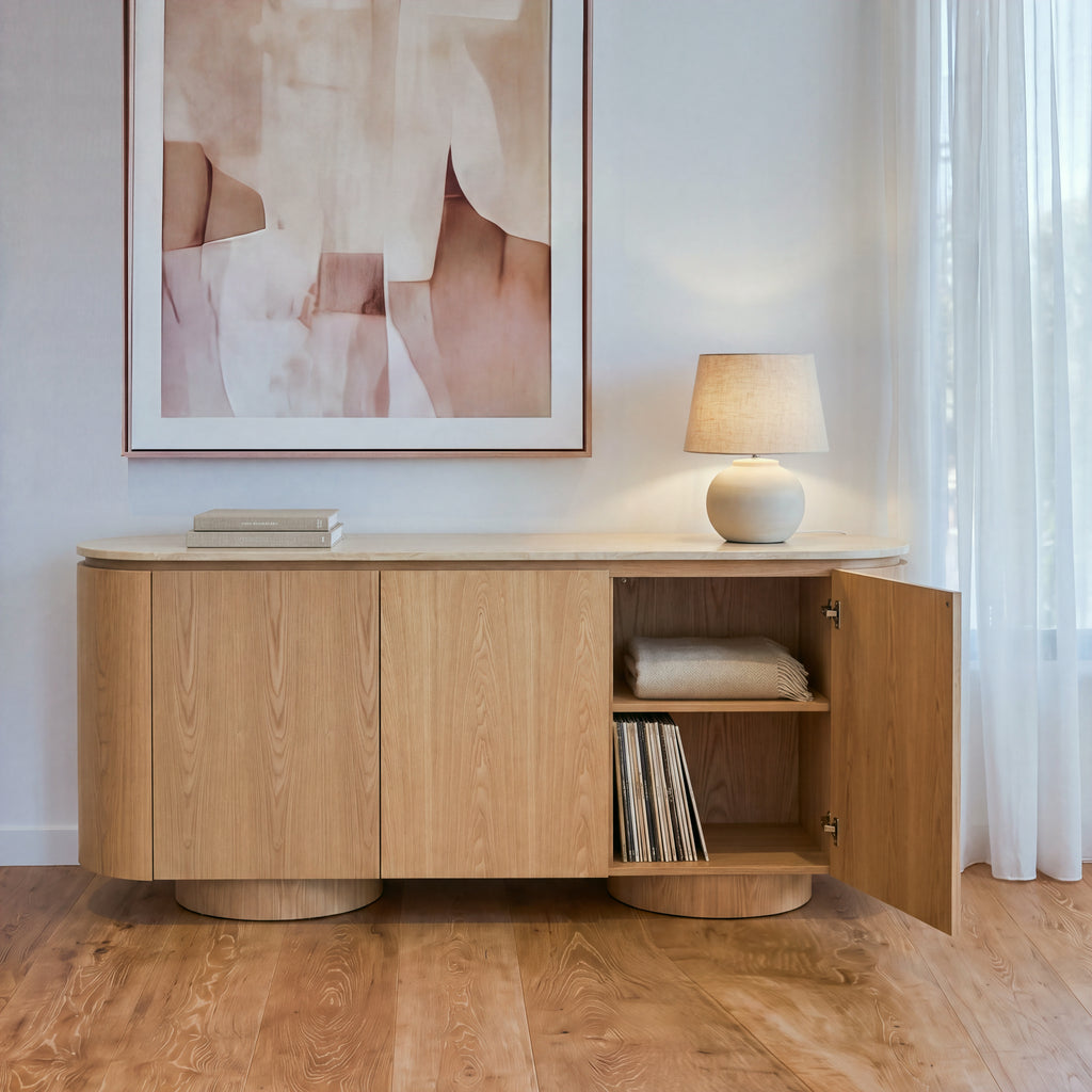 Hera 180cm Sideboard Buffet Table Natural, one door open showing the shelves inside