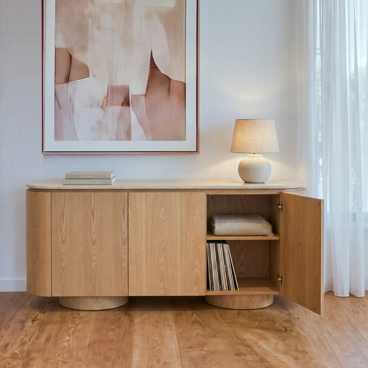 Hera 180cm Sideboard Buffet Table Natural, one door open showing the shelves inside