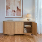 Hera 180cm Sideboard Buffet Table Natural, one door open showing the shelves inside