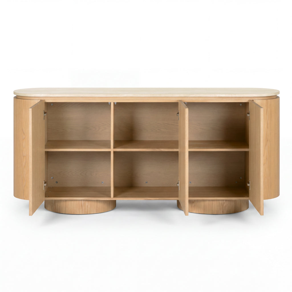 Hera 180cm Sideboard Buffet Table Natural, doors open showing the shelves, on a white background
