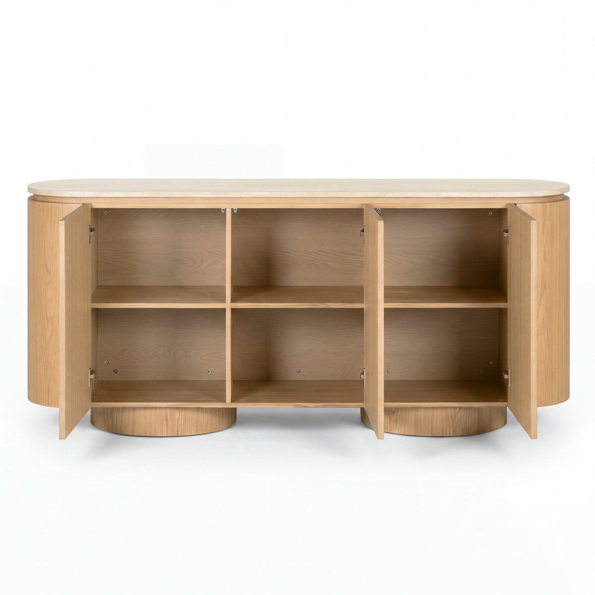 Hera 180cm Sideboard Buffet Table Natural, doors open showing the shelves, on a white background