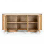 Hera 180cm Sideboard Buffet Table Natural, doors open showing the shelves, on a white background