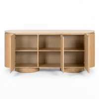 Hera 180cm Sideboard Buffet Table Natural, doors open showing the shelves, on a white background