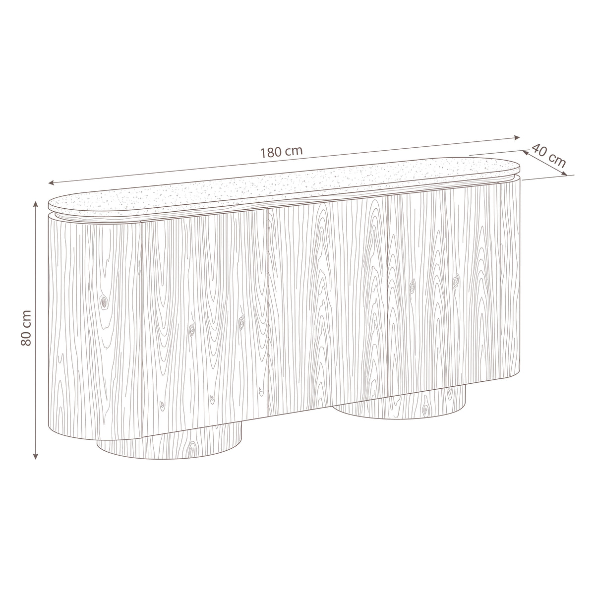 Hera 180cm Sideboard Buffet Table Natural — dimensions diagram, W180 x D40 x H80 cm