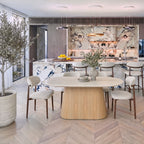 Hera 200cm Dining Table Natural, with dining chairs beside a marble kitchen island
